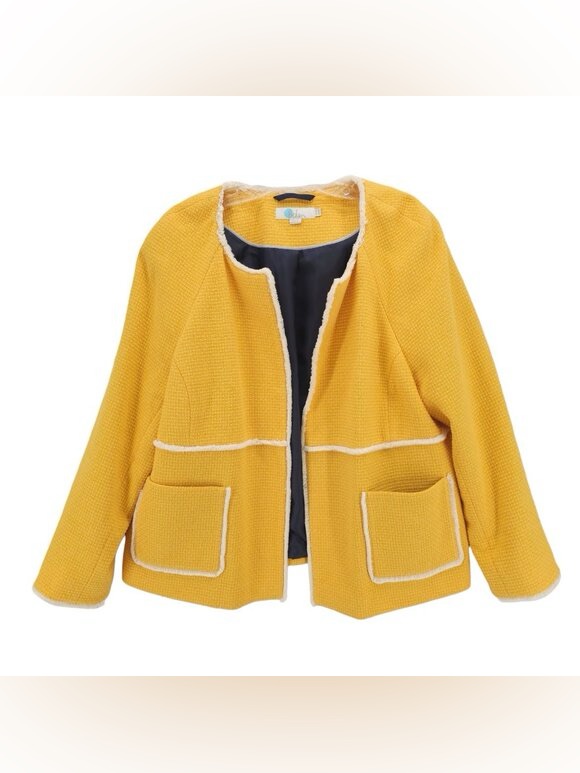 Boden Ida Jacket Yellow Woven Tweed Frayed Hem Open Front Textured